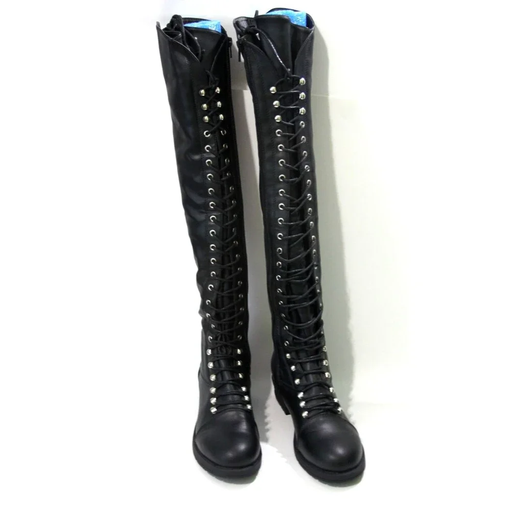 Black Thigh High Low Block Heel Boots Womens Size 7.5 Over the Knee Lace Up Tall